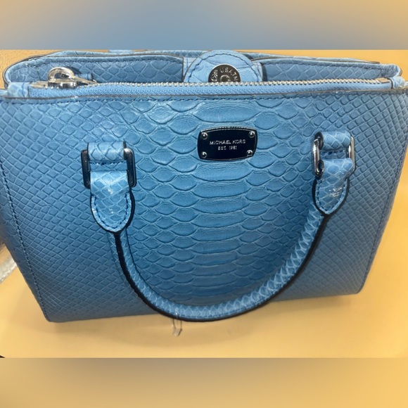 NWT MICHAEL KORS KELLEN SKY BLUE EMBOSSED Medium SATCHEL LEATHER MSRP $328 - Picture 6 of 14